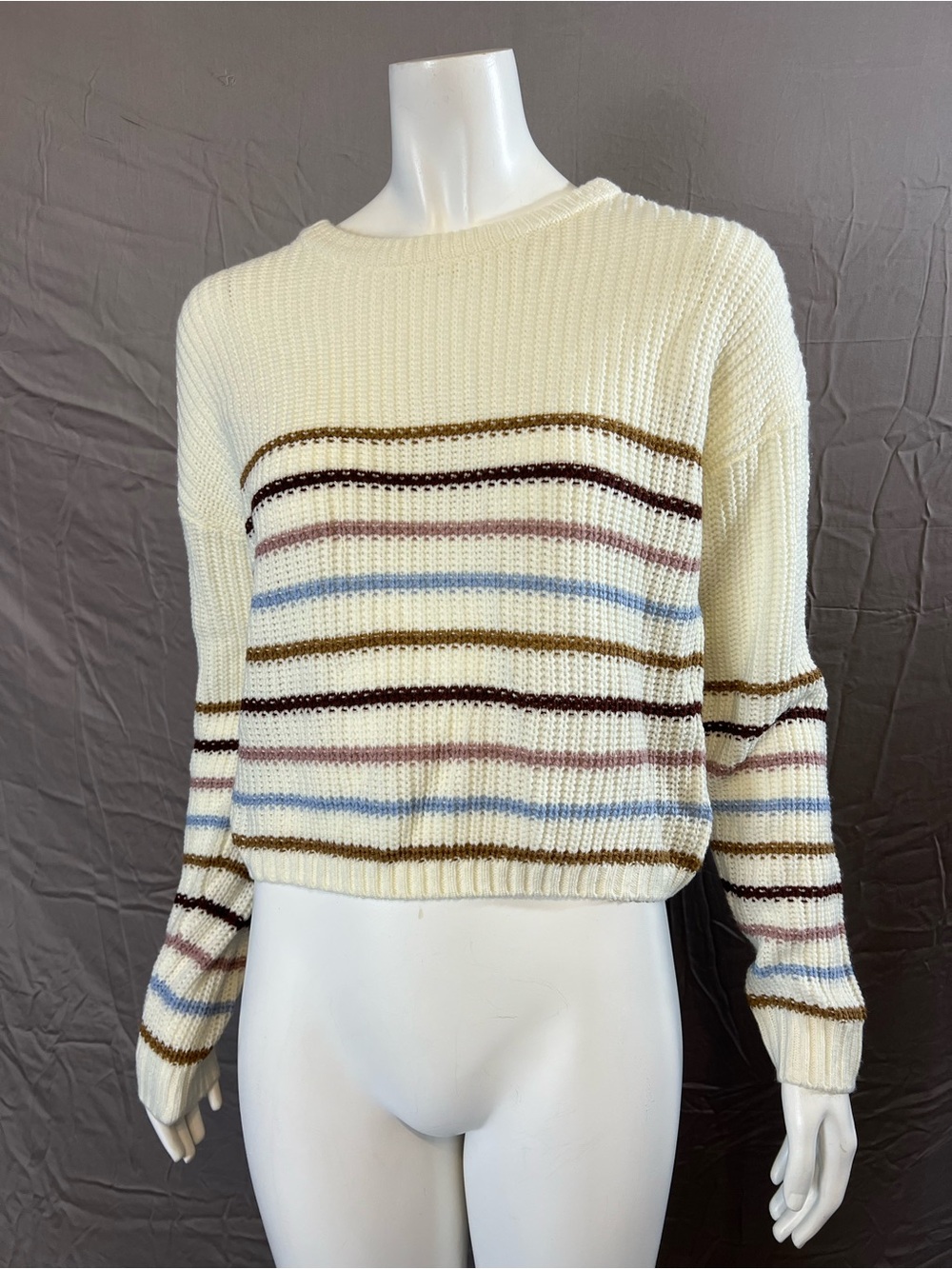 Pink Rose Cream Striped Crewneck Sweater